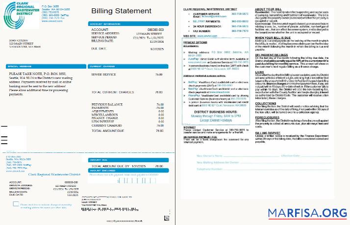 Downloadable USA Clark Regional Wastewater District utility bill template in Word and PDF formats, 2 pages